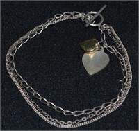 925 Silver Triple Chain & Heart Charm Bracelet