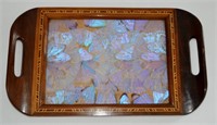 Vtg Butterfly Wing Tray With Wood Inlay -