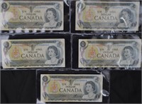 5pc CAD One Dollar Bills1973