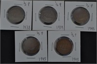 5pc. UK Half Penny 1938,39,43,45,45
