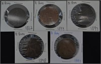 5pc. UK Large Penny 1862,94,98,97,1947