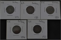 5pc. UK Farthing Brittania 1873,81,82,94.1923