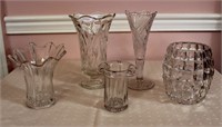 5 Unmatched Pattern Glass Clear Vase, 9 3/4", 6