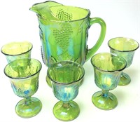 GREEN CARNIVAL PITCHER & 5 TUMBLERS