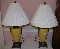 Pair of Urn Shaped Ceramic Lamps with Cast Metal