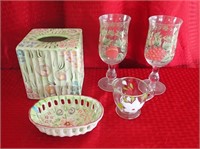Flower Decor Lot - Wine Glasses, Tissue Box, Dish