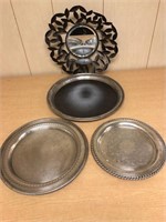 Silver toned Serving platters and wall mirror