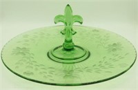 Green Glass Tidbit Dessert Tray Plate Floral Etch