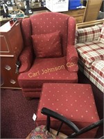 RED UPHOLSTERED ARM CHAIR + OTTOMAN