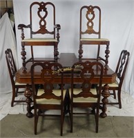 Antique Carved Wood Dining Room Table W/ 6 Chairs
