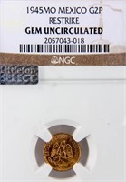 Coin 1945 Mexican Gold 2 Peso Certified NGC Unc.