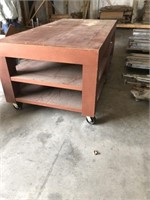 4' X 8' X 37" WOODEN WORK TABLE ON CASTERS