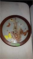ROUND WOOD FRAME SHADOW BOX WITH BUTTERFLIES &