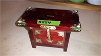 ASIAN FLORAL DECORATED WOOD COIN BANK 8 X 5 X 6"