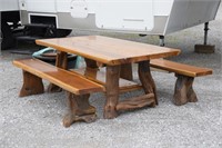 TEAKWOOD TABLE AND 2 BENCHES