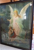 Vintage print, guardian angel watching 2 children