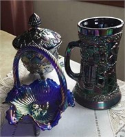 Fenton Carnival Glass stein, covered candy