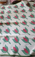 Vintage hand-sewn quilt,  tulips on white