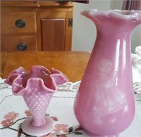 Purple hobnail vase & etched vase