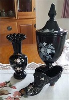 Fenton black glass slipper, vase, covered candy,