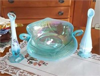 Blue Glass and Blue Marble vases & console bowl