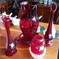 Fenton red glass with white painted flowers