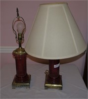 Pair of Cranberry Column Form Lamps on Brass