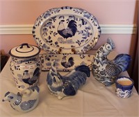 14 Unmatched Pieces of Blue & White with Rooster