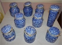 9 Decorator Canisters, Blue Spatterware, Made in