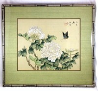 Antique Floral Silk Japan Painting Framed