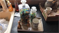 Glass jars with marbles
