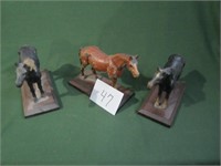 3 Cast Iron Horses Mounted on Wood Org Paint