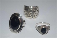 Two Sterling Silver Rings w/ Black Stones &