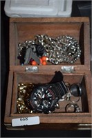 Casio Watch, Costume Jewelry in Wooden Box