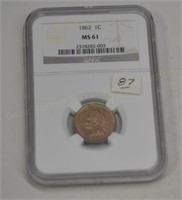 1862 slab Indian Head Cent  NGC  MS61