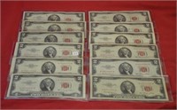 (12) Two Dollar Red Seal Notes: 8-1953, 4-1963