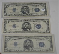 (3) 1934 Five Dollar Silver Certificate Notes