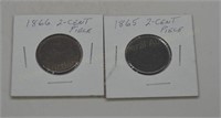 (2) U.S. Two Cent Coins: 1865 & 1866