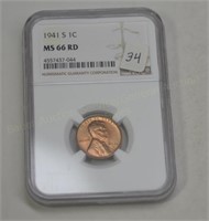1941s slab Lincoln Cent NGC MS66 Rd