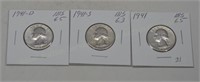 (3) Hi Grade Washington Silver Quarters:1941p,d,s