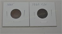 (2) Indian Head Cents: 1863 C/N, 1865 Bronze