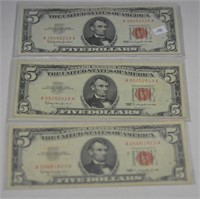 (3) 1963 Five Dollar Red Seal Notes, near uncirc.
