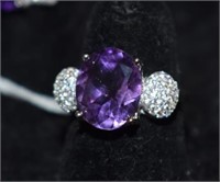 Sterling Silver Ring w/ Amethyst & White Stones