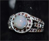 Sterling Silver Ring w/ Opal & Rubies