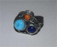 Sterling Silver Ring w/ Turquoise, Coral, & Lapis