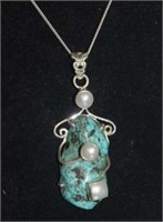 Sterling Silver Necklace w/ Turquoise & Pearls