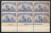 United States #233 Plate Block of Six.
