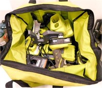 RYOBI BAG WITH MISC. POWER TOOLS & CHARGERS