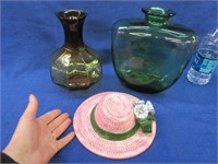 green italy glass vase -amber jar -italy pink hat