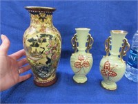 asian 8in vase & 2 smaller green vases